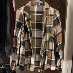 Stylish Plaid Women's Blazer in Black, Brown, and Cream